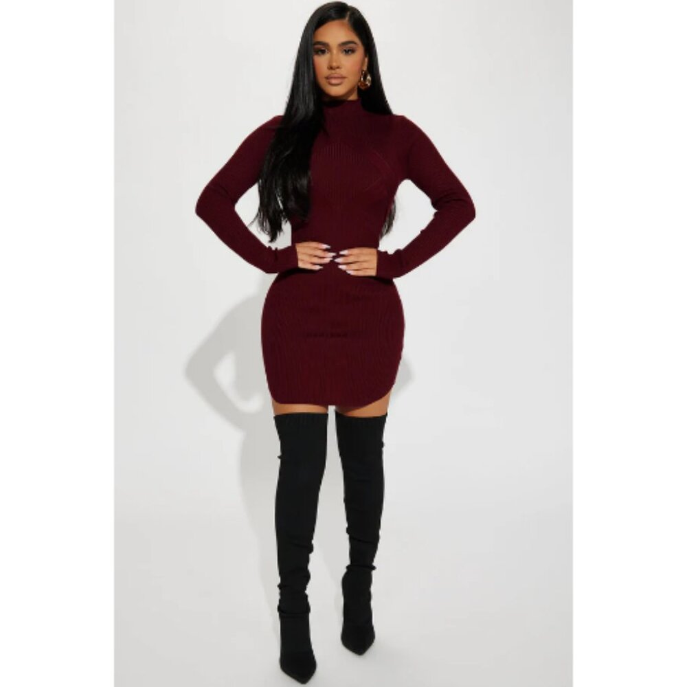 NWOT Fashion Nova Cold As Ice Sweater Mini Dress - Burgundy, XS